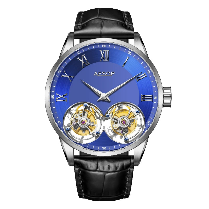 Aesop Men's Double Tourbillon Watch Hand Winding Movement Sapphire Business Fashion Male Mechanical Wristwatches Waterproof 2025
