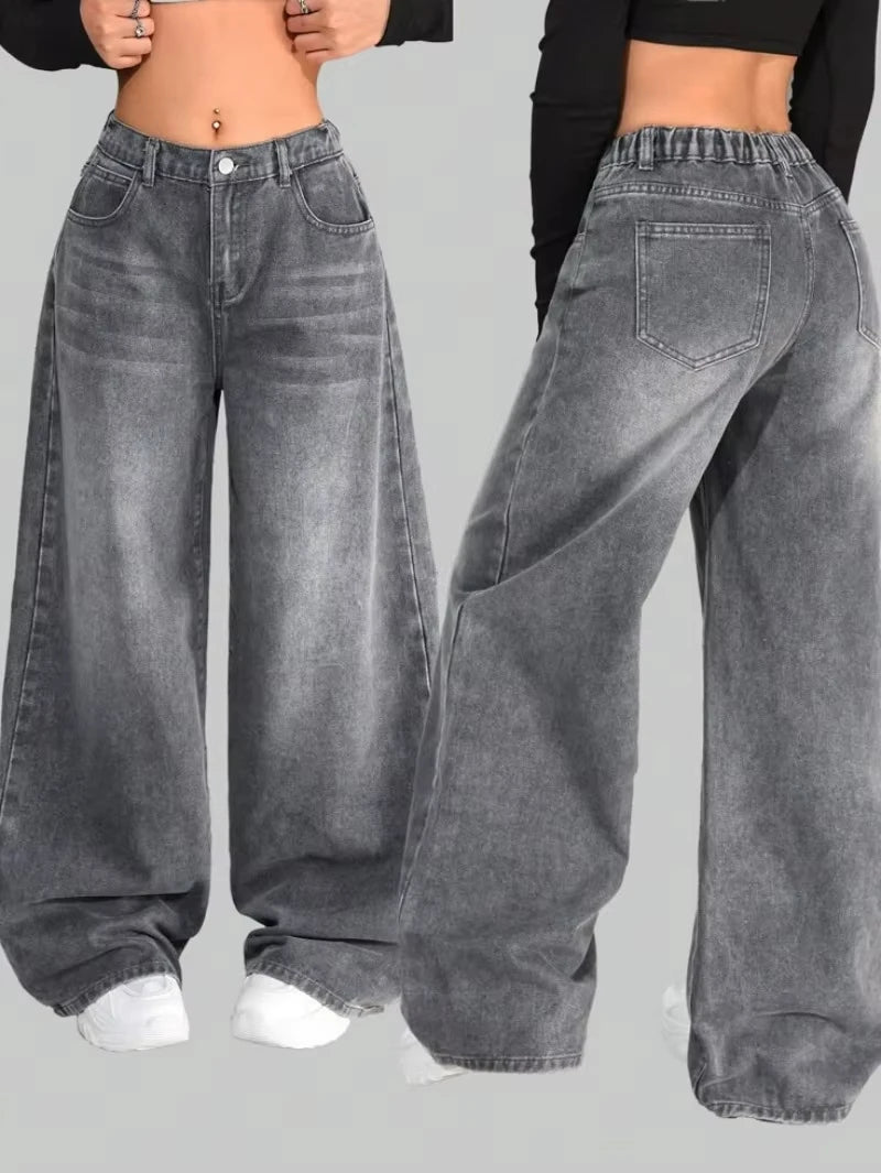 American Fashion New Black Old Washed Holes Baggy Jeans Ladies Y2K Vintage Punk Fashion Casual Joker High Waist Wide Leg Pants