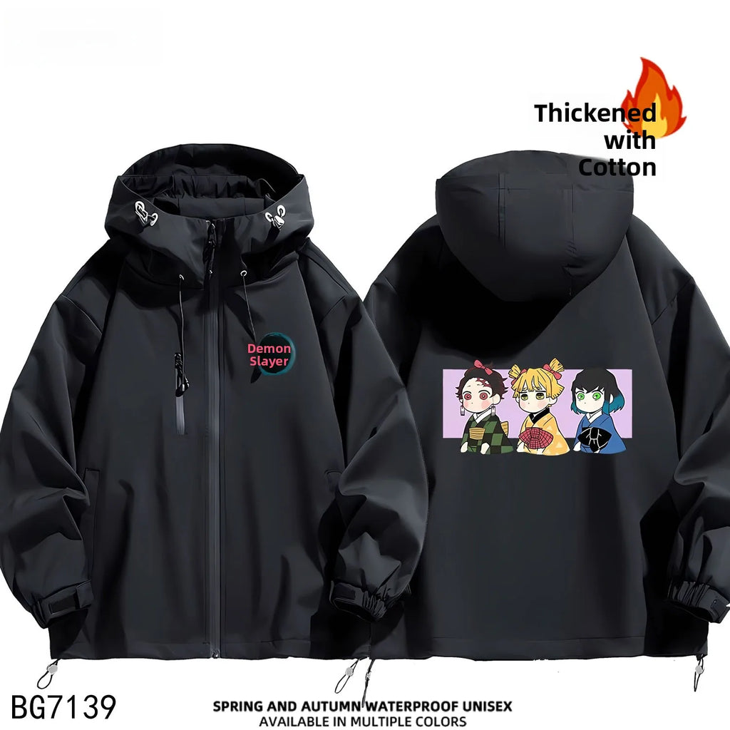 Ruike Men's Thiened Cotton Hooded Jaet Casual Outdoor Waterproof Spring Autumn Winter Anime Ghost Slayer Coat Jaet