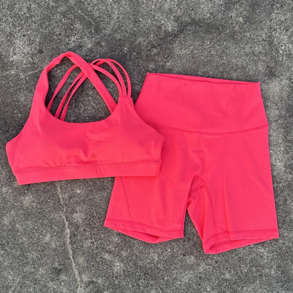 Solid Color High Waist Gym Yoga Short Legging Set Tight Women Cross Back High Impact Shoulder Strap Fitness Bra Top Sportwear