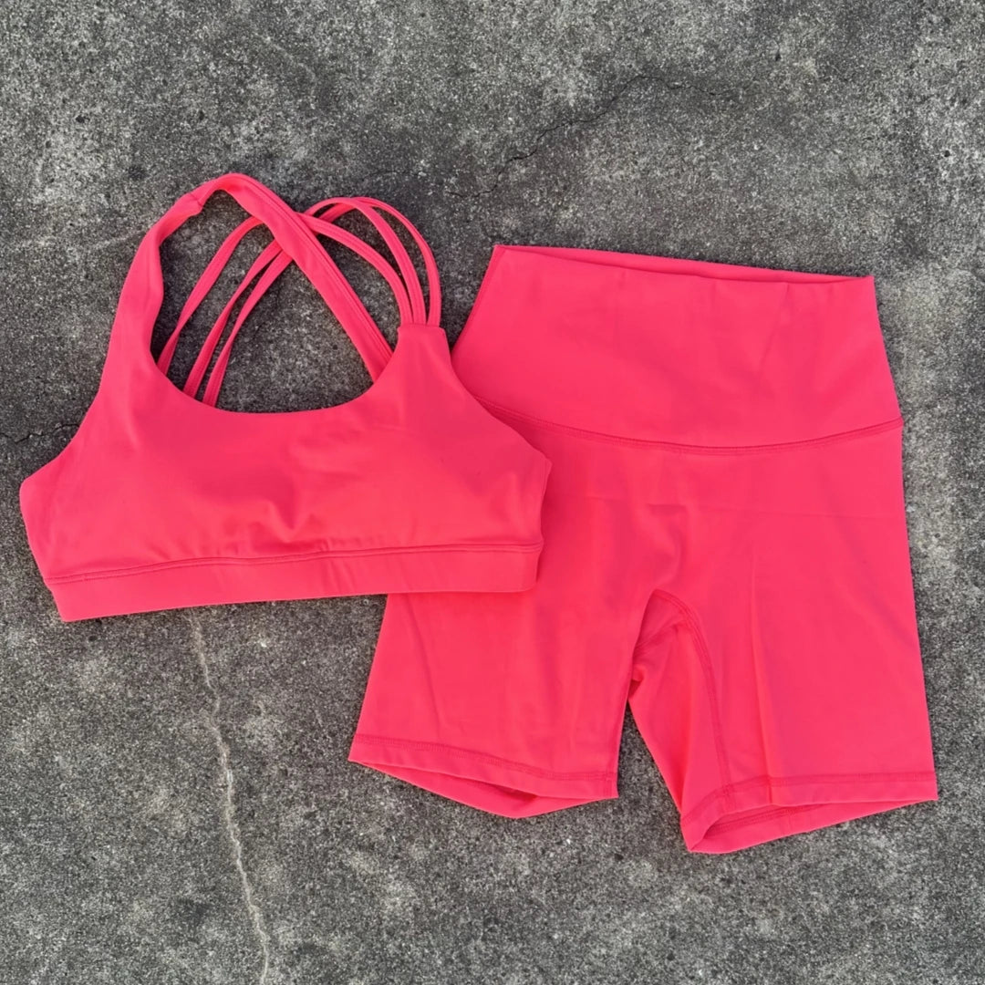 Solid Color High Waist Gym Yoga Short Legging Set Tight Women Cross Back High Impact Shoulder Strap Fitness Bra Top Sportwear