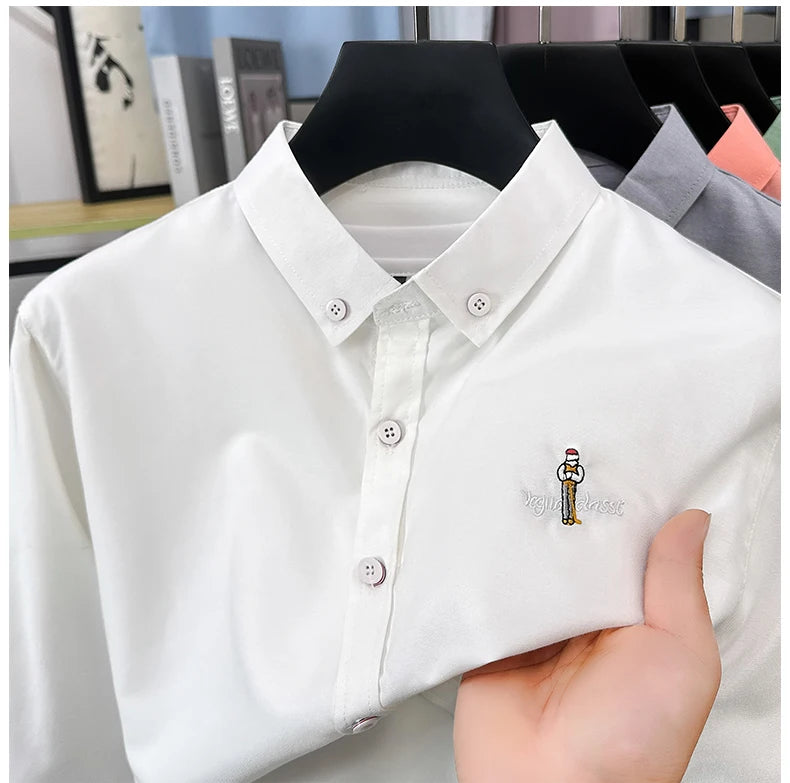 Light luxury fashion men's long sleeve shirt brand cartoon embroidery high-quality business casual solid color golf lapel top