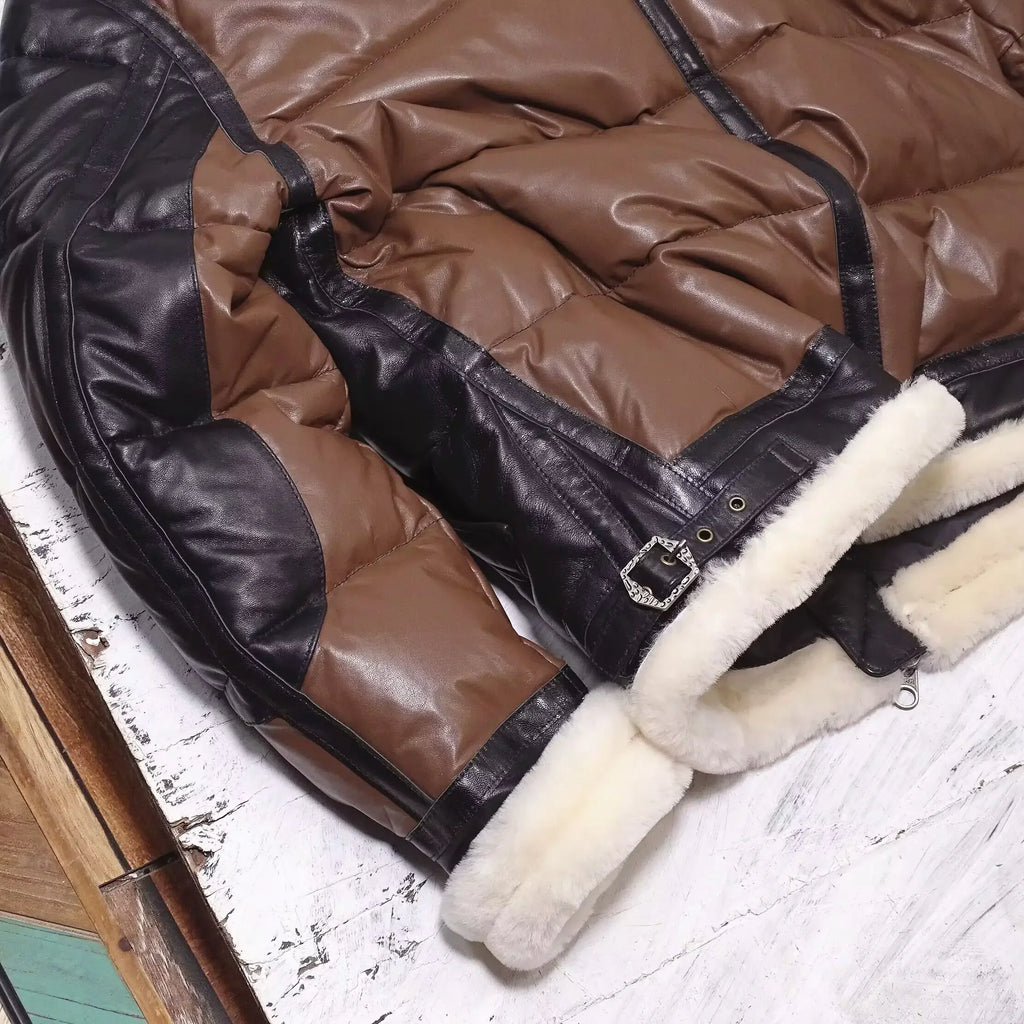 2024 Men's Winter Fashion Duck Down Coat Genuine Leather Sheepskin Cow Jacket for Male Brown Black Patchwork Plus Oversized 4XL