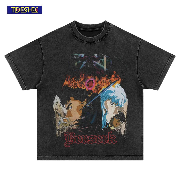 Japan Harajuku Hip Hop Streetwear Summer Anime Pattern Print T-Shirt Vintage Trend Washed Fashion Oversized Cotton Tshirt Tops
