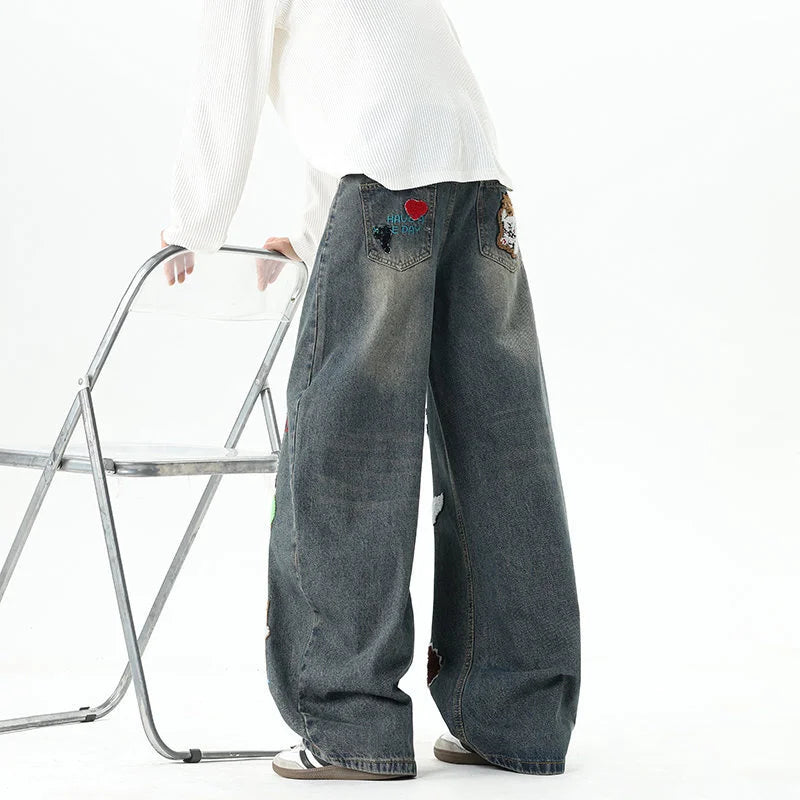 Hip Hop Cartoon Graffiti Graphic Appliques Baggy Jean Man Casual Embroidered Straight Wide-Leg Denim Pants Y2K Streetwear Jeans