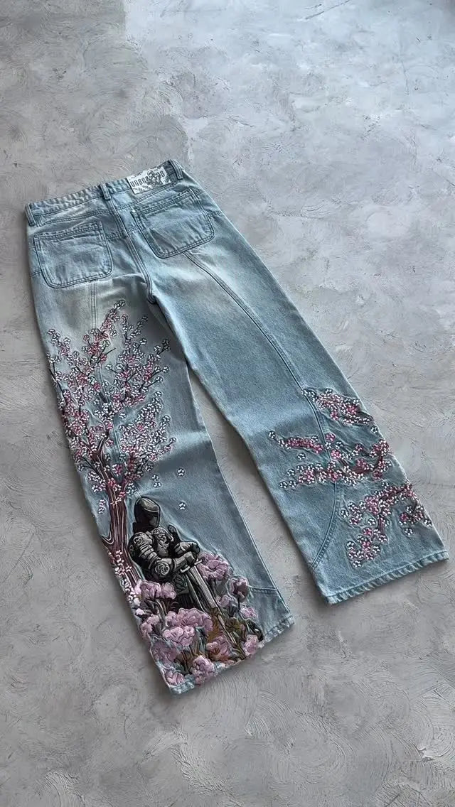 Fallen Knight Cherry Blossom Embroidery Denim Pants Y2k Vintage Women Baggy Straight Wide Leg Jeans Street Men Clothing Trousers