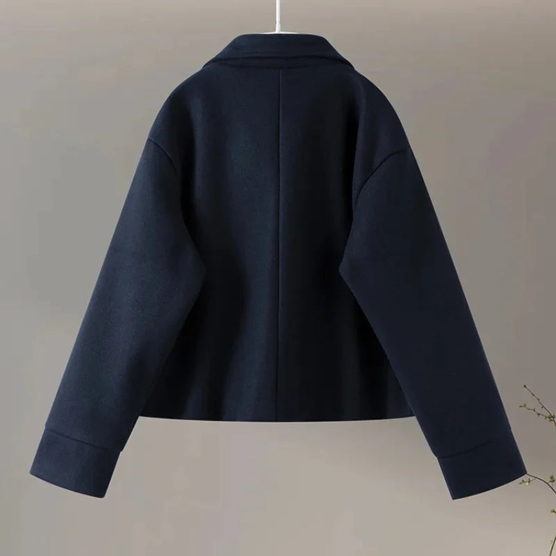 Urban Black Woolen Blend Coats Women Stand Collar Single-breasted Long Sleeve Thick Warm Jacket 2025 Autumn Winter Lady Outwear