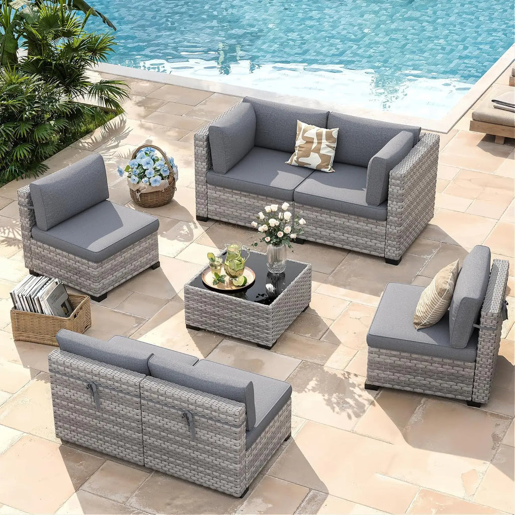 6-Seat Outdoor Wicker Sectional Sofa Set with Thick 4-Inch Cushions Dual-Strand PE Rattan Customizable Modular Patio Furniture