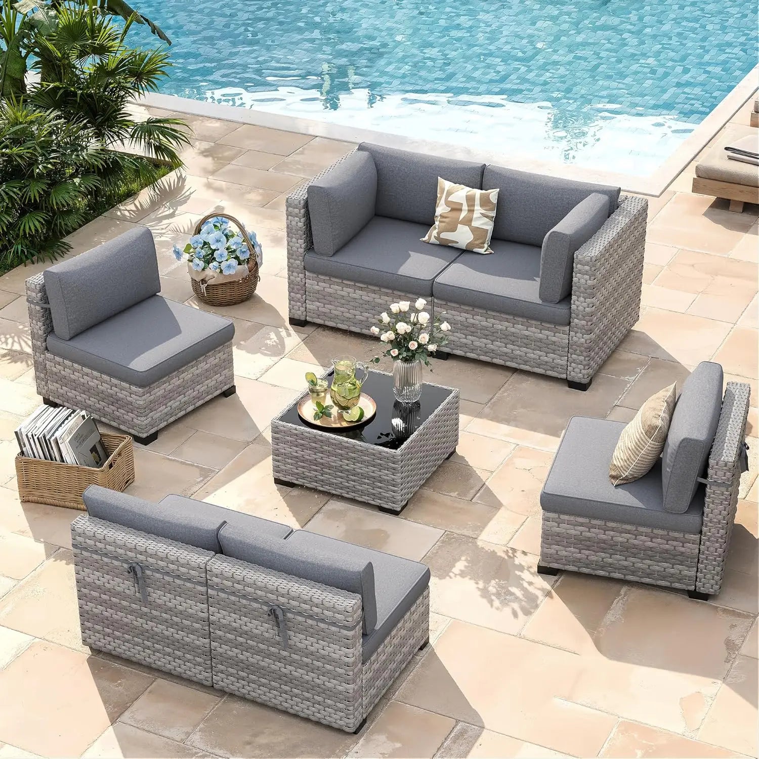 6-Seat Outdoor Wicker Sectional Sofa Set with Thick 4-Inch Cushions Dual-Strand PE Rattan Customizable Modular Patio Furniture