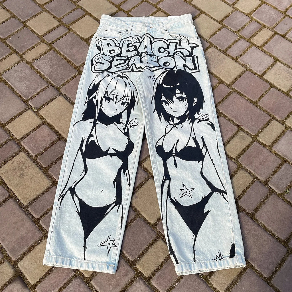Anime Sexy Girl Print Blue Baggy Jeans New Style Wide Leg Trouser Y2k Harajuku Popular Streetwear Men Women High Waist Pants