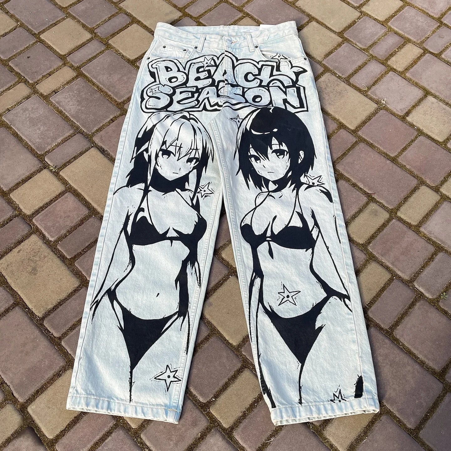 Anime Sexy Girl Print Blue Baggy Jeans New Style Wide Leg Trouser Y2k Harajuku Popular Streetwear Men Women High Waist Pants