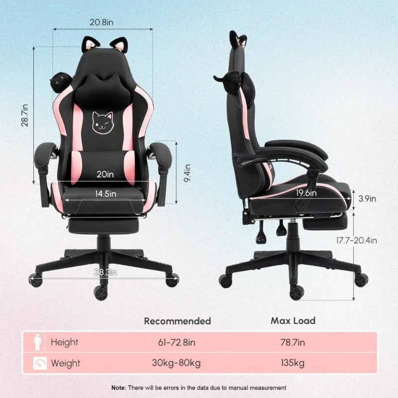 Cute Gaming Chair with Cat Ears Footrest Pink Kawaii Computer Chair Ergonomic High Back Gamer Seat with Cat Paw Lumbar Support