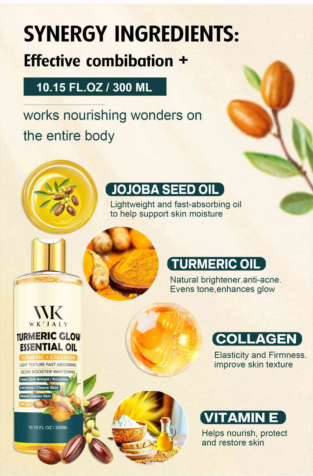 WK JALY Turmeric Glow Essential Body Oil, Moisturizing, Whitening, Fades Dark Armpit, Knuckles, Anti-Acne, Balance Uneven Skin