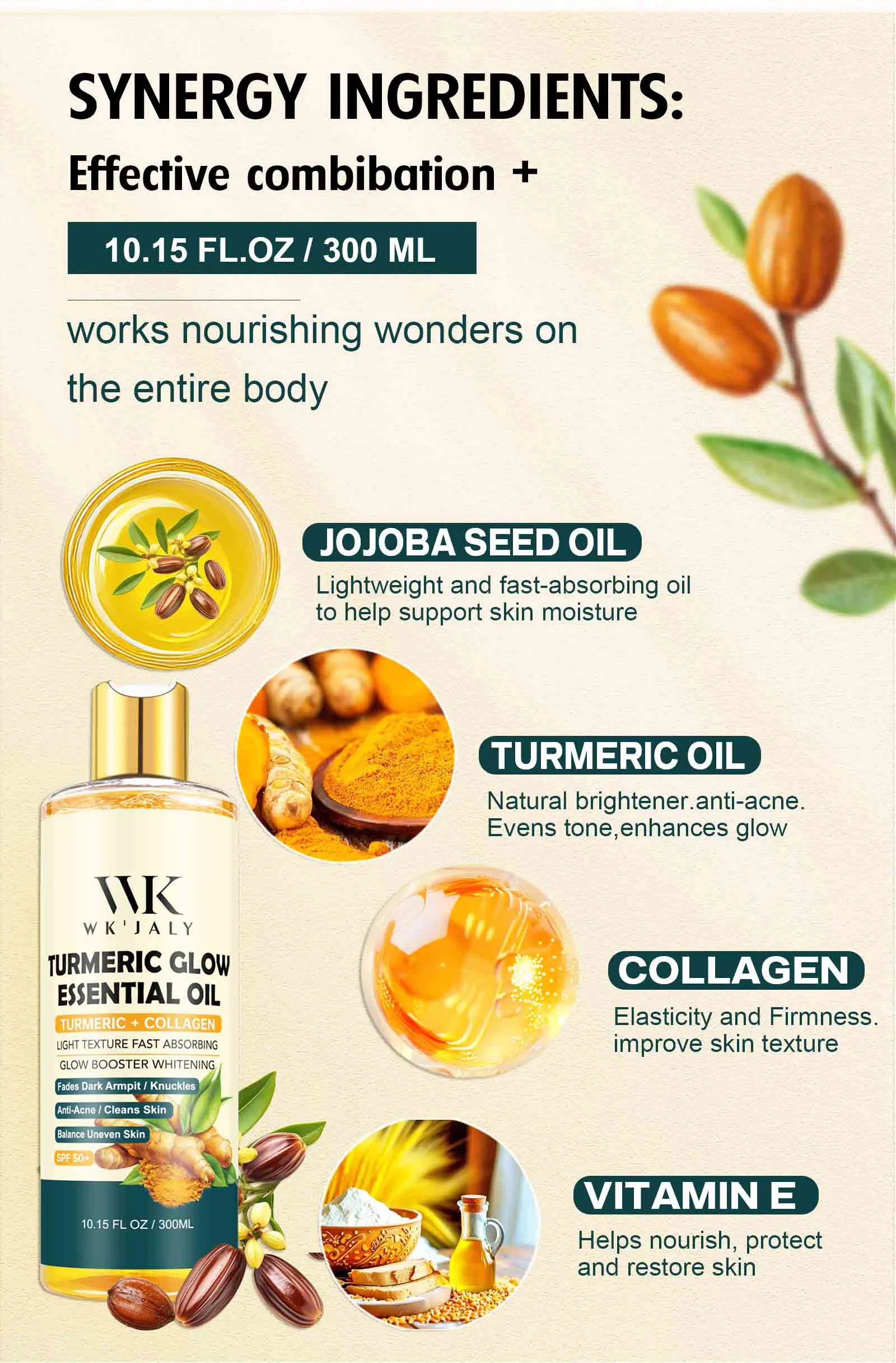 WK JALY Turmeric Glow Essential Body Oil, Moisturizing, Whitening, Fades Dark Armpit, Knuckles, Anti-Acne, Balance Uneven Skin