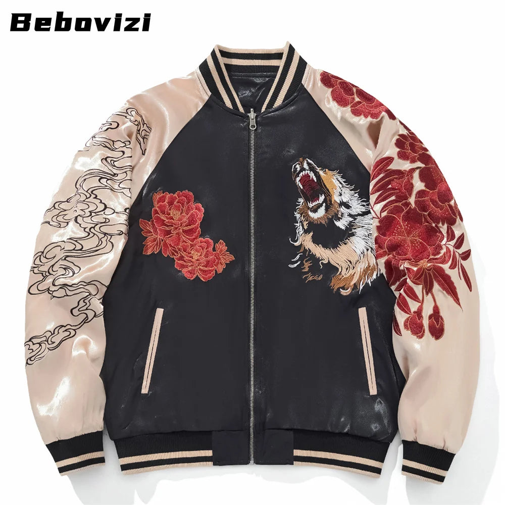 Fashion Anime Lion Flower Embroidered Zipper Jacket Streetwear Hip Hop Men's Harajuku Japanese Baseball Coat Bomber Jacket