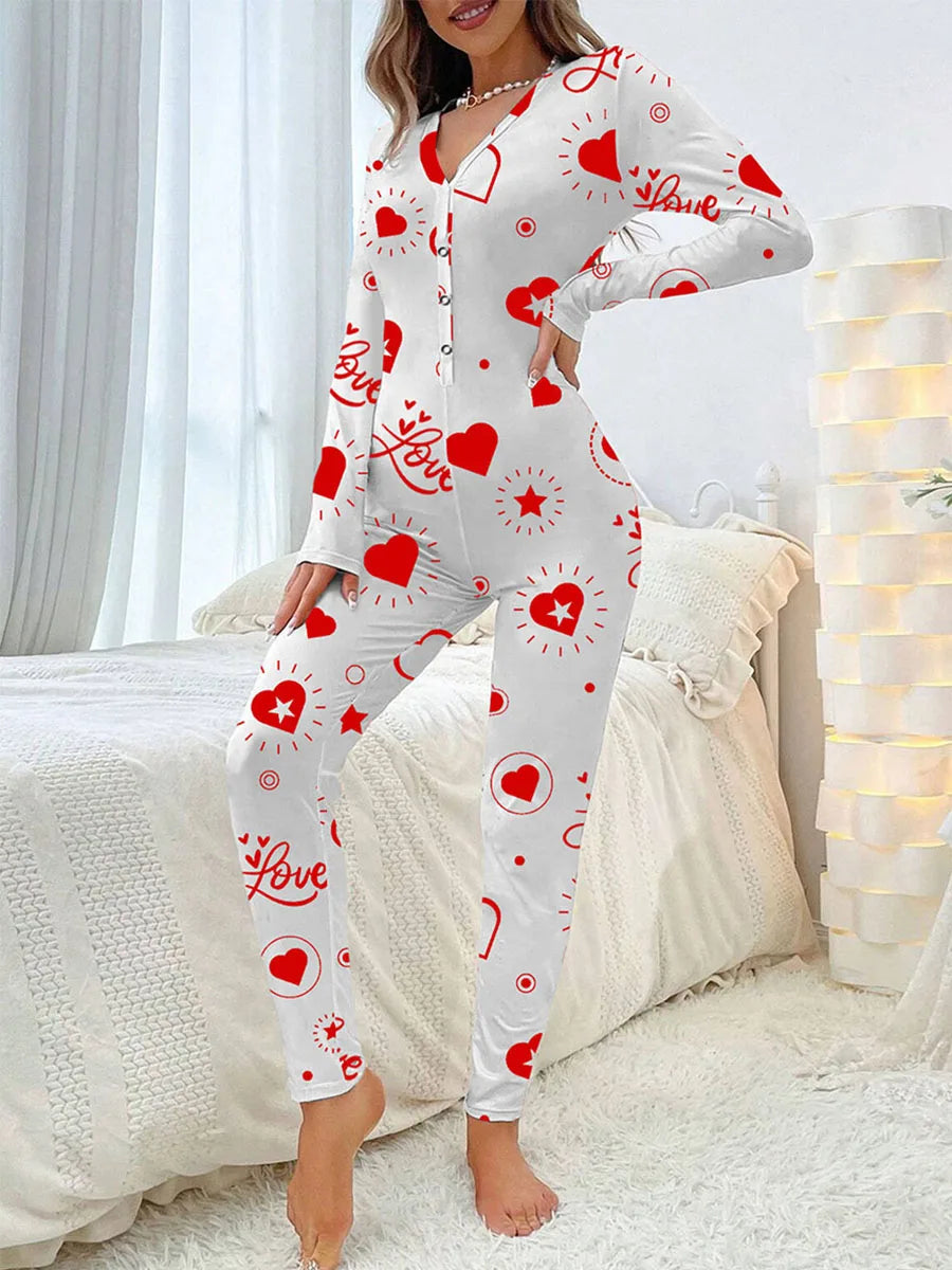 Women Jumpsuit Long Sleeve V Neck Button Closure Letters Heart Print Bodysuit Loungewear Sleepwear for Valentines Day