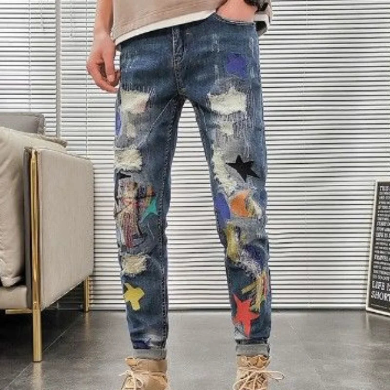 Graphic Men's Jeans Tapered Man Cowboy Pants Ripped with Print Torn Slim Fit Trousers Korean Fashion Retro Broken Harajuku Xs XL