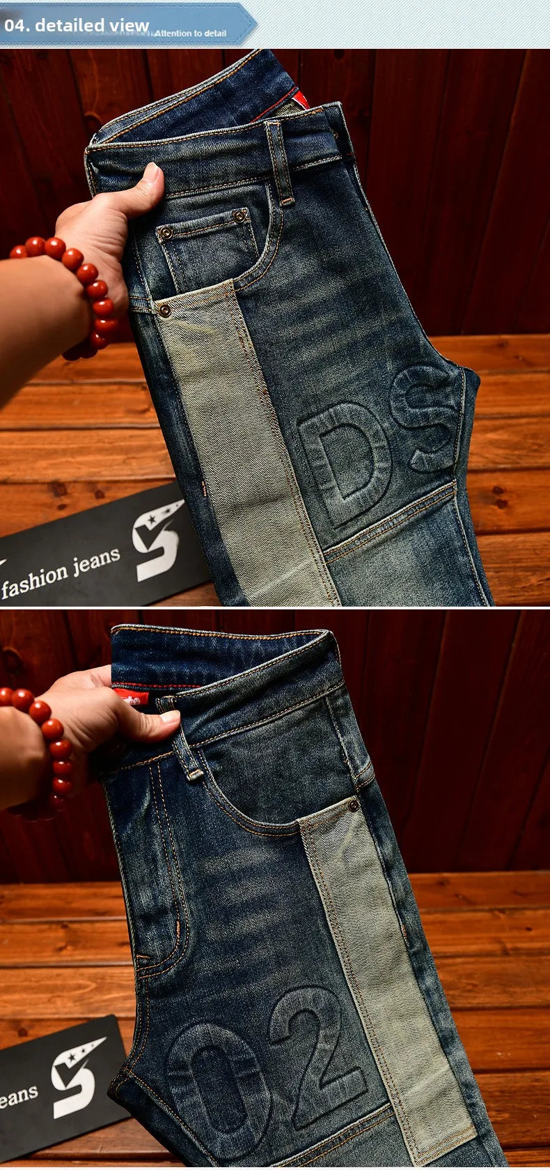 Fashionable high-end jeans for men, slim fit, small feet, washed retro patchwork design, trendy and luxurious men's pants