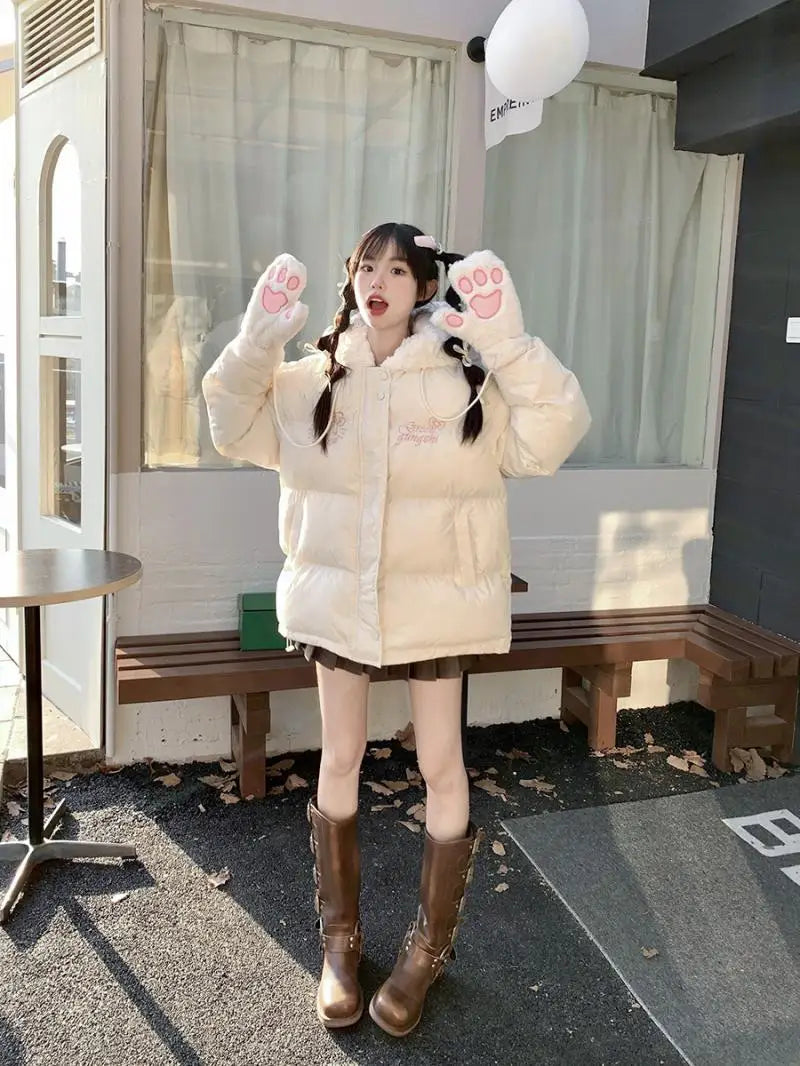 Kawaii Hello Kitty Women Beige 2025 Winter Warm Thick Jacket Paw Gloves Design Casual Y2K Aesthetic Fashion Outerwear Loose