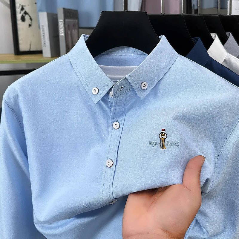 Light luxury fashion men's long sleeve shirt brand cartoon embroidery high-quality business casual solid color golf lapel top