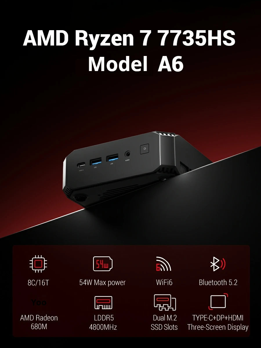 FIREBAT A6 Mini PC AMD Ryzen 7 7735HS LPDDR5 16GB RAM M.2 PCIe 512GB SSD WiFi 6 BT 5.2 2500M LAN Windows 11 Desktop Computer