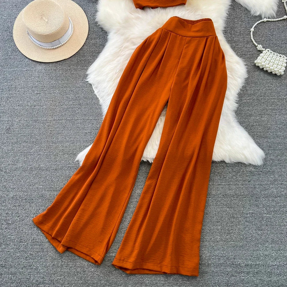 Green/Black/Red 2026 New Summer Two Piece Set Women Sexy Strap Short Tops + High Waist Wide Leg Pants Female Suit New