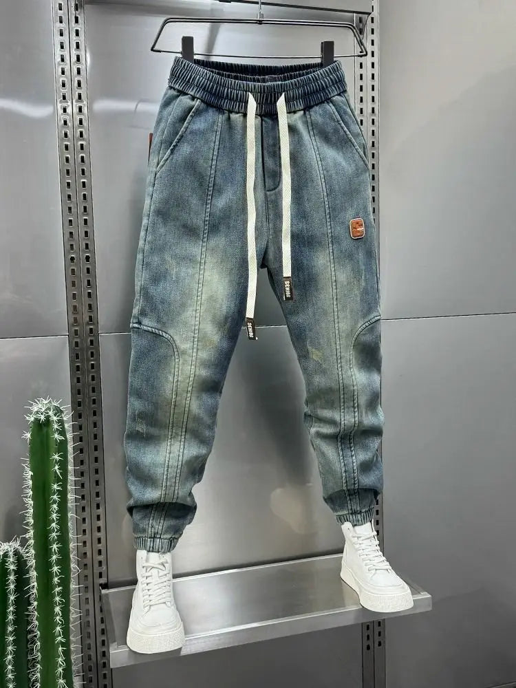 Retro stitching blue classic jeans fashion street harem pants top designer brand men clothing