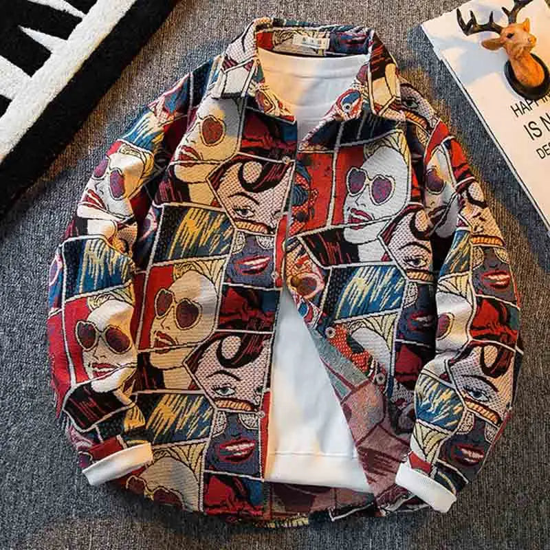 Japanese Cartoon Anime Shirt Men Long-sleeved Korean Streetwear Autumn High-end Handsome Jacquard Shirt Casual Blouse Jacket