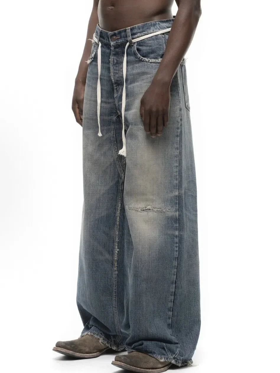 No faith studios washed pussy whiskers made old handmade ripped loose wide legs light blue jeans