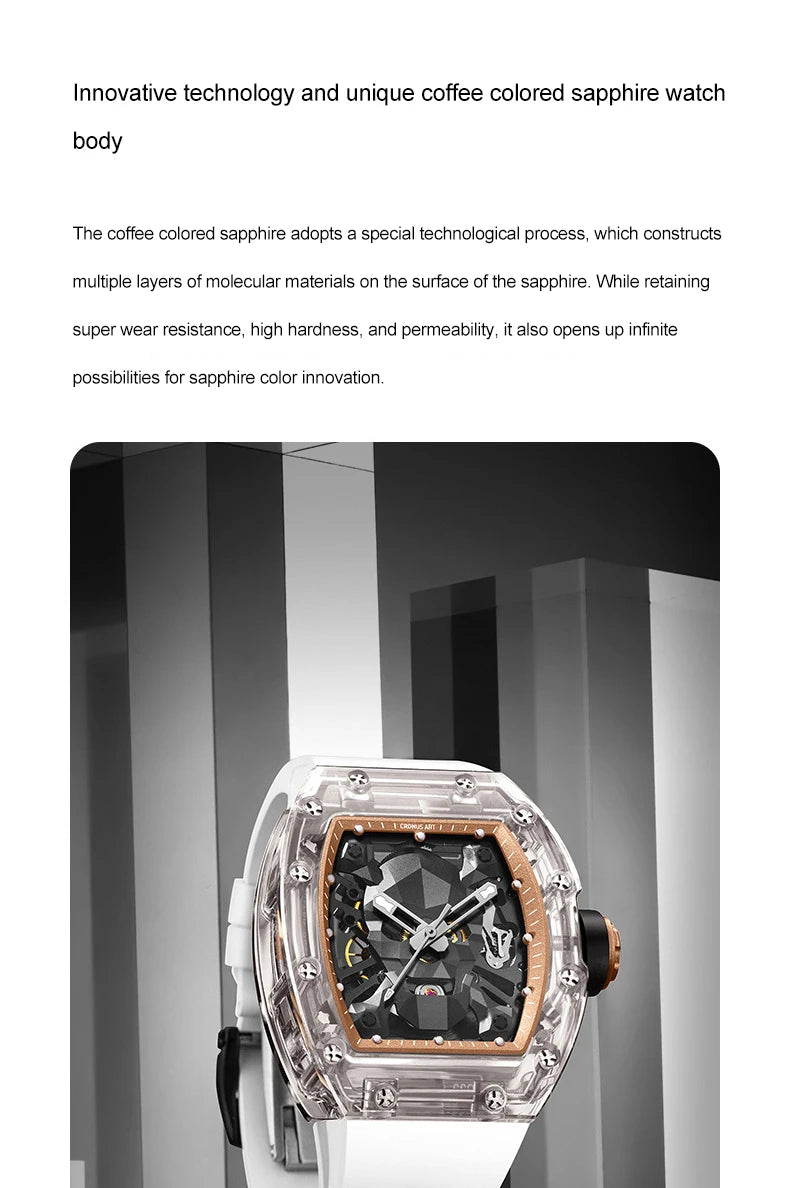 CRONUSART Men Automatic Watch 50mm Tonneau Mechanical Wristwatch Sapphire Case & Mirror Luminous Fluororubber Strap Skull Dial