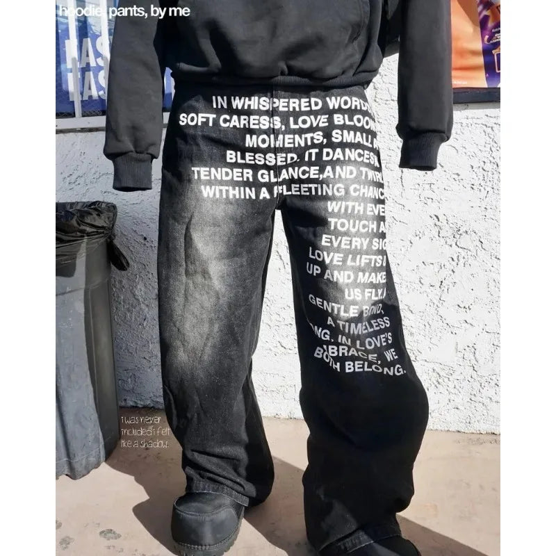 Deeptown Vintage Letter Print Women Man Jeans Y2k Harajuku Washed Wide Leg American Style Denim Pants Baggy Hip Hop Streetwear