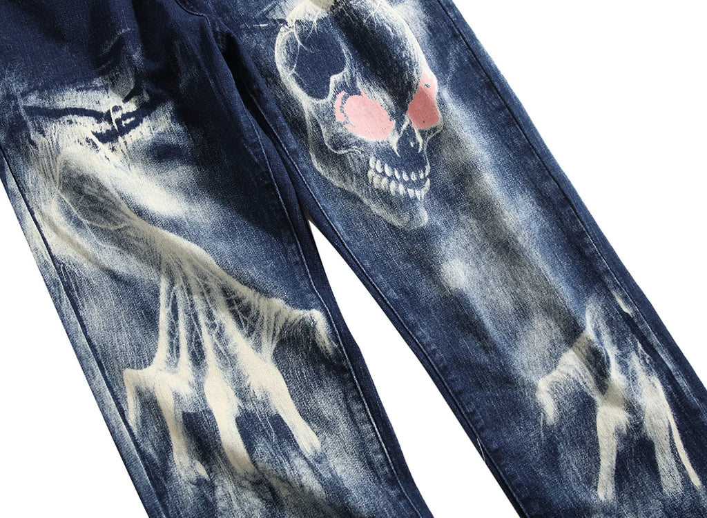 2026 Men's Blue 3D Printing Jeans, Black Wolf Pattern Printed Punk Straight Cotton Casual Print Denim Pants Asian Size 28-42