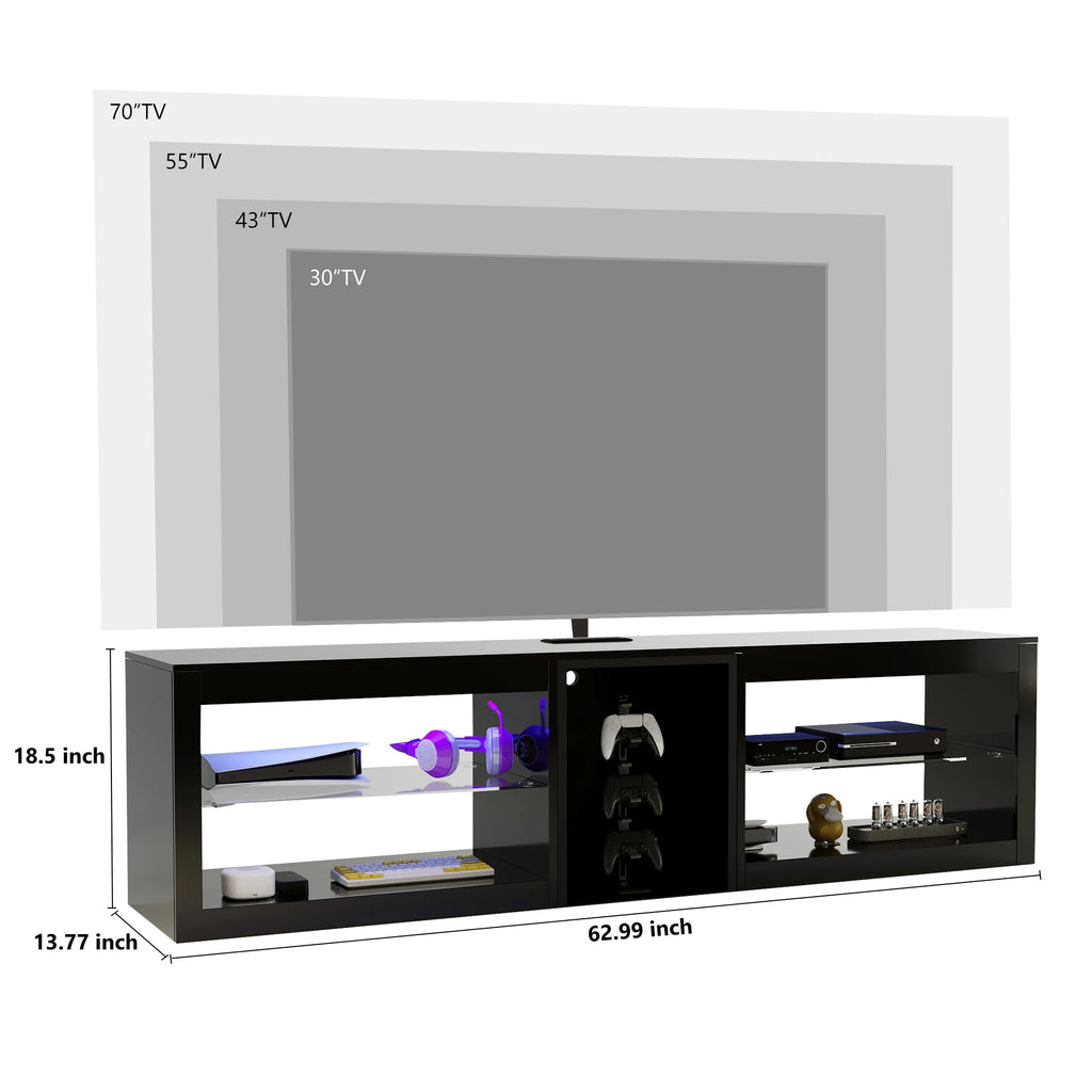 63" LED TV Stand for Televisions up to 70In, TV Cabinet with Adjustable Glass Storage Shelves, Modern LED Entertainment Center