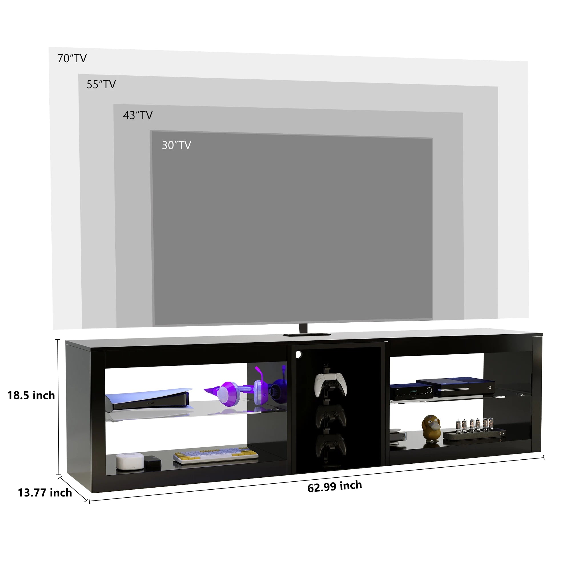 63" LED TV Stand for Televisions up to 70In, TV Cabinet with Adjustable Glass Storage Shelves, Modern LED Entertainment Center