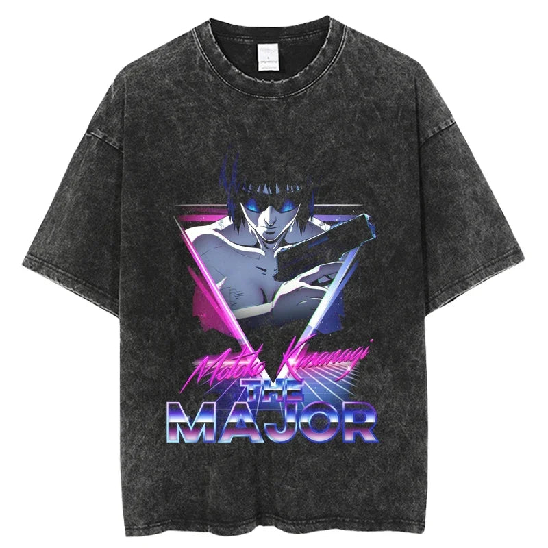 2024 Anime Ghost in the Shell Washed T-shirts Mens Clothing Graphic Manga Harajuku Tees Unisex Summer Top Male Streetwear