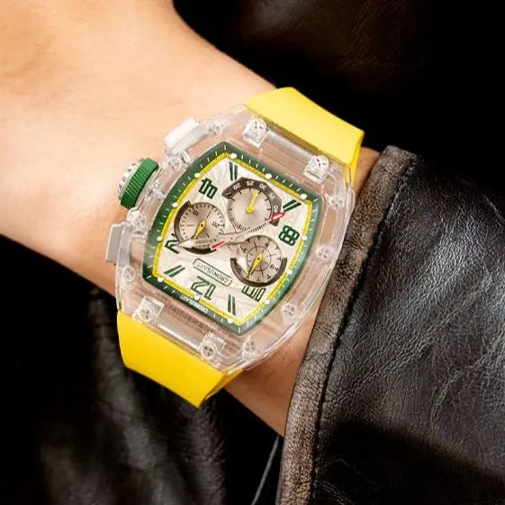 CRONUSART Men Automatic Watch 50mm Tonneau Chronograph Mechanical Wristwatch 5ATM Luminous Sapphire Case & Mirror Meteorite Dial