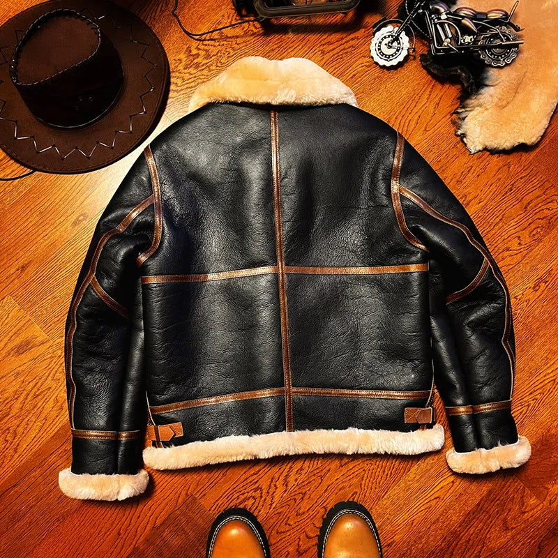 Sheepskin Suit Men's Lambskin Genuine Leather Overcoat Motorcycle Short Leather Fur Coat