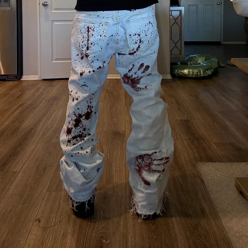 American Retro Horror Blood Hand Halloween Jeans Men's and Women's Y2K New Popular Harajuku Hip-Hop Gothic Loose Street Clothes