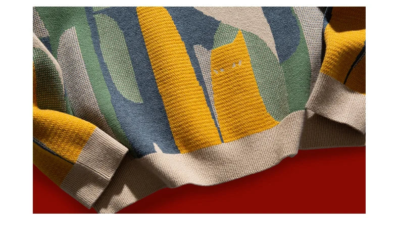 2024 Autumn Knitted Sweater Men Women Winter Harajuku Cartoon Full Cat Print Pullover Vintage Causal Loose Sweaters Streetwear