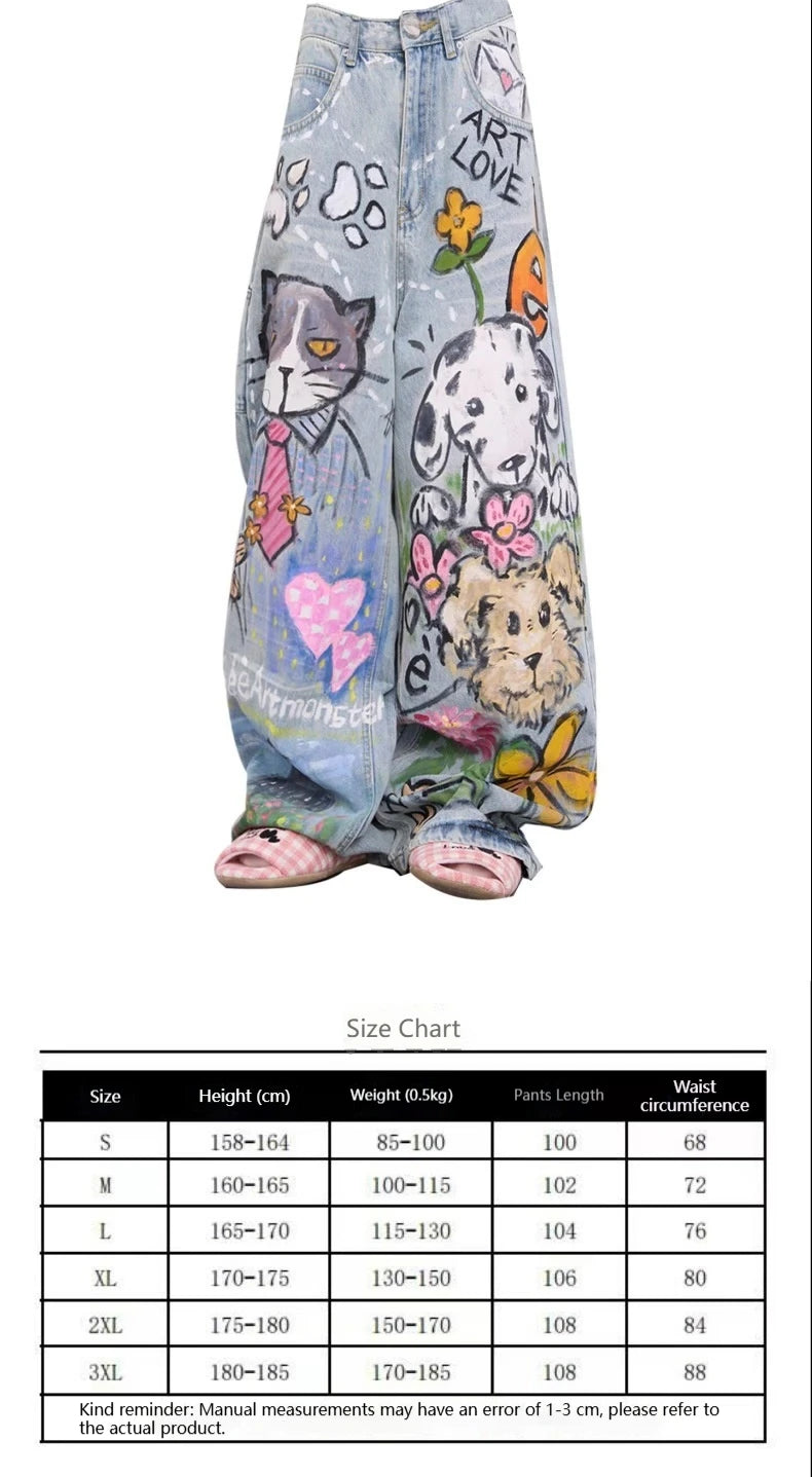 Blue Cartoon Doodle Printed Jeans American Vintage Casual Straight Loose High Street Wide Leg Baggy Y2k Streetwear Denim Pants
