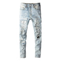 Men Crystal Holes Ripped Patchwork Jeans Streetwear Light Blue Denim Slim Skinny Pencil Pants Trousers