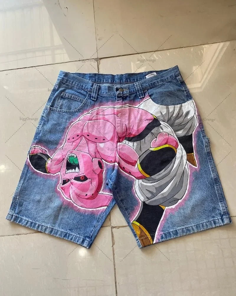 Retro American Trendy Streetwear Y2K Harajuku Anime Printed Denim Shorts Men Gothic Hip-hop Punk Loose Casual Straight Pants