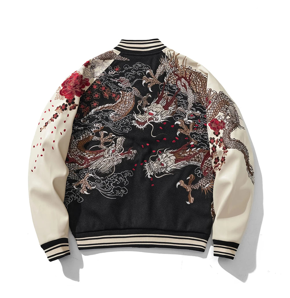 Streetwear Japanese Sukajan Souvenir Baseball Jacket 2025 Autumn Chinese Dragon Embroidered Woolen Patchwork Jacket Coat