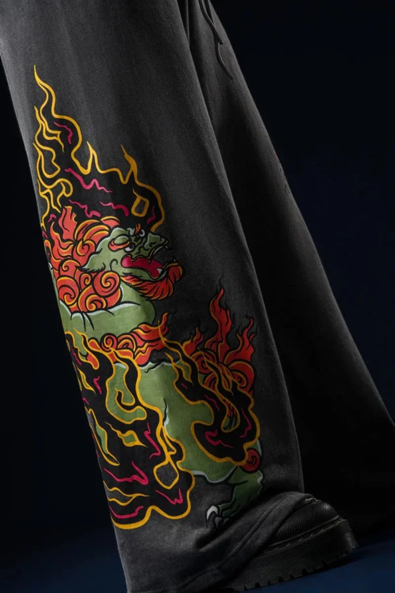 Y2K Retro Harajuku Jeans Flame Dragon Snake Graphic Printing Baggy Pants Wide Leg Sweatpants Vintage Men Women Streetwear