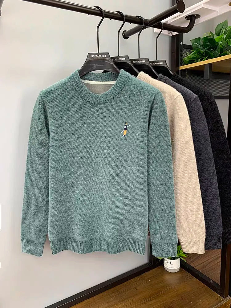 High quality men's round neck knitted sweater autumn winter new Korean style fashion cartoon embroidery thick casual pullover