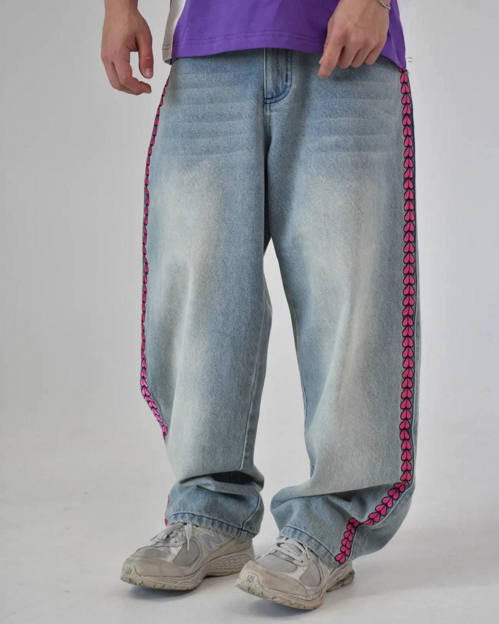 Y2K Men D4C JoJo High Waist Baggy Jeans Women Pink Heart Side Embroidery Loose Fit Washed Denim Pants Streetwear Wide Leg Pants