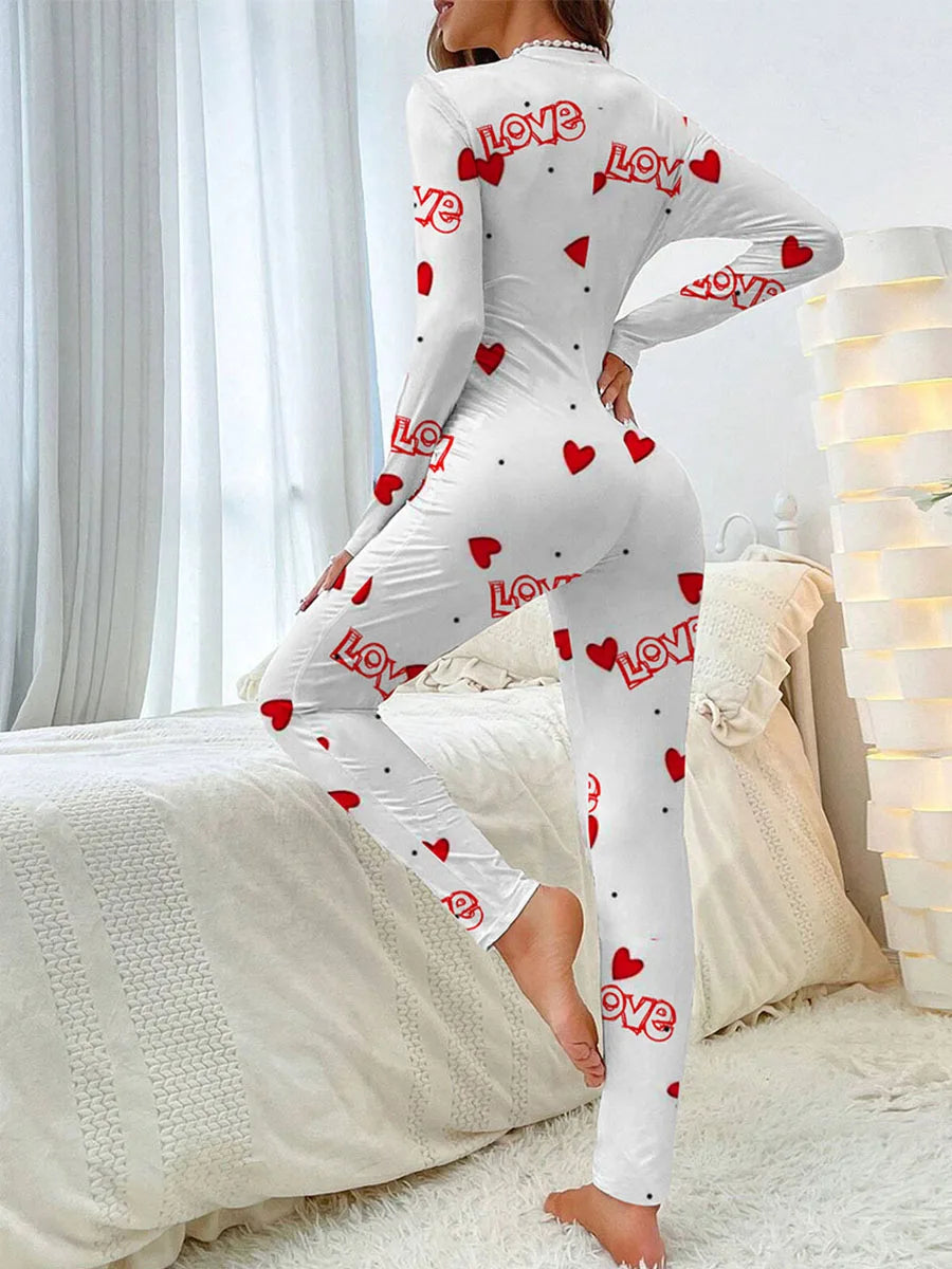 Women Jumpsuit Long Sleeve V Neck Button Closure Letters Heart Print Bodysuit Loungewear Sleepwear for Valentines Day