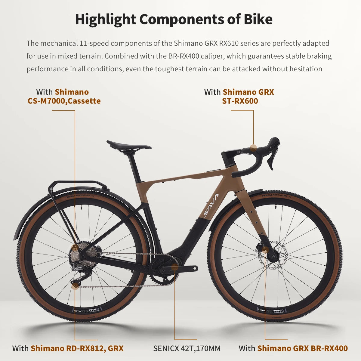 SAVA E-BIKE Carbon Fiber Gravel Electric Assist Bicycle, equipped with SHIMAN0 GRX ST-RX600 groupset