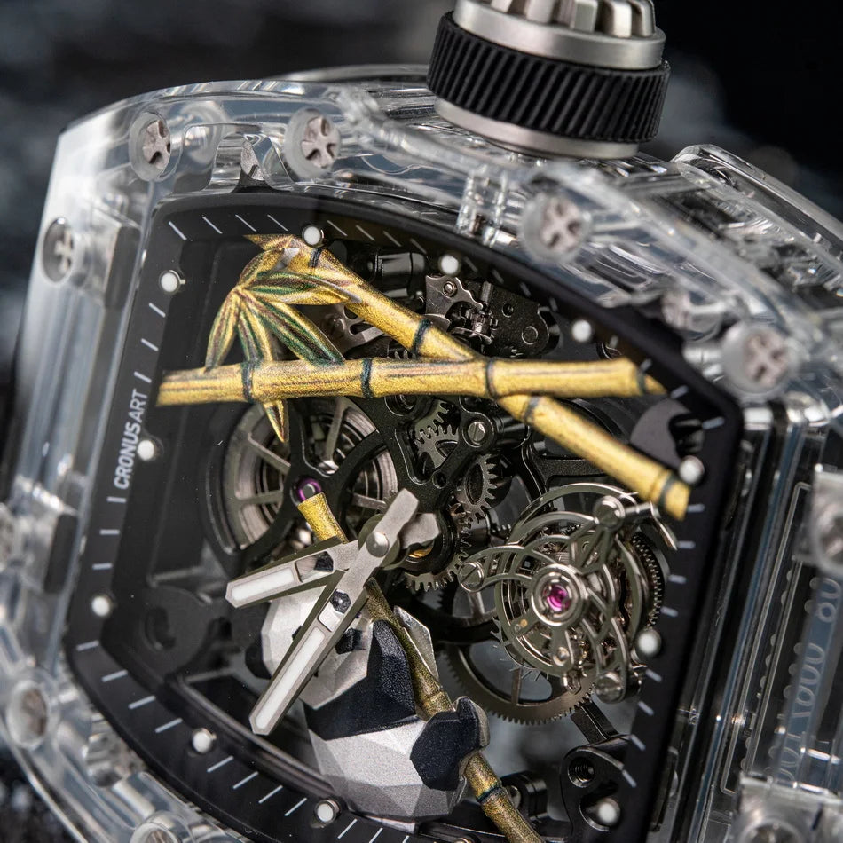CRONUSART Men Tourbillon Watch 50mm*42mm Tonneau Sapphire Case Mechanical Wristwatch Fluororubber Strap Skeleton Panda Dial
