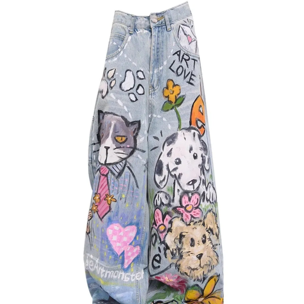 Blue Cartoon Doodle Printed Jeans American Vintage Casual Straight Loose High Street Wide Leg Baggy Y2k Streetwear Denim Pants